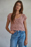 Knit Sweater Cotton Crochet V-Neck Cap Sleeve Top: Mauve