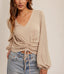 Ruching V Neck Ribbed Top - Light Taupe