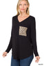Leopard Pocket V-Neck Long Sleeve - Black