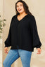 Solid Long Puff Sleeves Woven Blouse - Black