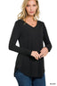 Long Sleeve V Neck & Round Hem Top - Black