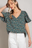 V Neck Print Short Sleeve Top - Kelly Green