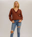 V-Neck Striped Bubble Sleeve Sweater - Burgundy