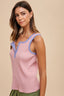 Contrast Striped Rib Henley Tank Top - Light Mauve