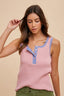 Contrast Striped Rib Henley Tank Top - Light Mauve