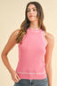 Striped Rib Halter Neck Sweater Top - Hot Pink