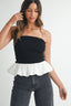 Ribbed Knit Bodice Bubble Peplum Tube Top - Black