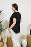 Curvy Split Neck Ruched Sleeve & Back Linen Blouse - Black