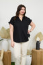 Curvy Split Neck Ruched Sleeve & Back Linen Blouse - Black
