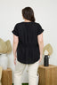 Curvy Split Neck Ruched Sleeve & Back Linen Blouse - Black