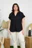 Curvy Split Neck Ruched Sleeve & Back Linen Blouse - Black