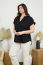 Curvy Split Neck Ruched Sleeve & Back Linen Blouse - Black