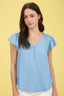 V Neck Half Button Ruffle Sleeve Chambray Top