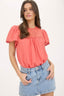 Sheer Lace Yoke Short Sleeve Pom Pom Blouse