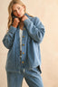 Washed Knitted Button Front Shirt Jacket - Denim Blue