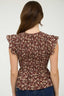 Floral Smocked V Neck Ruffle Sleeve Top - Burgundy