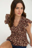 Floral Smocked V Neck Ruffle Sleeve Top - Burgundy