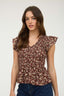 Floral Smocked V Neck Ruffle Sleeve Top - Burgundy