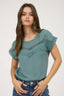 Lace Trim Pleated Yoke Short Sleeve Top - Dusty Teal