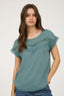 Lace Trim Pleated Yoke Short Sleeve Top - Dusty Teal