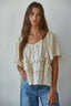 Woven Rayon Tencel V-Neck Short Cap Sleeve Blouse: Natural