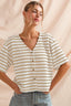 Button Front Textured Waffle Stripe Knit Top: Taupe/Off White