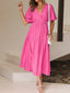 V-Neck Puff Sleeve Midi Dress - Pink
