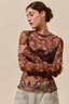 Stretch Floral Mesh Long Sleeve Inner Top: Brown