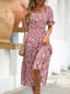 Floral Square Neck Short Sleeve Tiered Dress - Pink