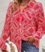 Print V Neck Button Up Shirt - Red