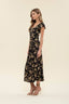 Floral V Neck Ruffle Sleeve Midi Dress - Black