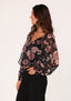 Sheer Floral Smocked Tie Neck Blouse - Black