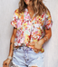 Boho Floral Print V Neck Short Sleeves Top - Multi