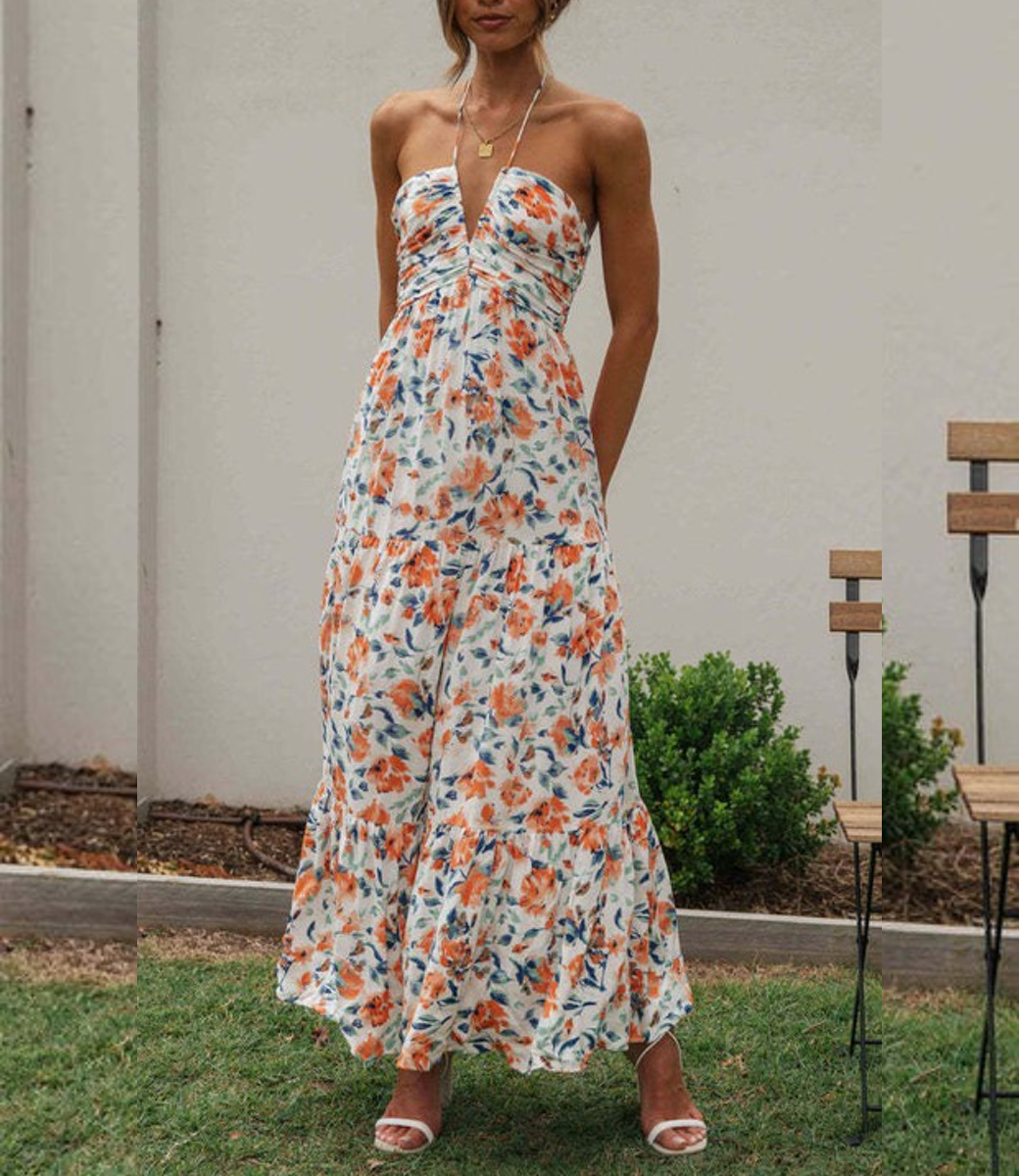 strapless open back dress Chiffon V neck Floral Maxi Dress
