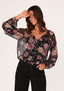 Sheer Floral Smocked Tie Neck Blouse - Black