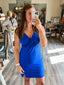 V Neck Spaghetti Strap Solid Mini Dress - Blue