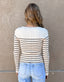 Long Sleeve Stripe Pattern Ribbed Knitted Top - Beige/Black