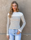 Long Sleeve Stripe Pattern Ribbed Knitted Top - Beige/Black