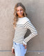 Long Sleeve Stripe Pattern Ribbed Knitted Top - Beige/Black