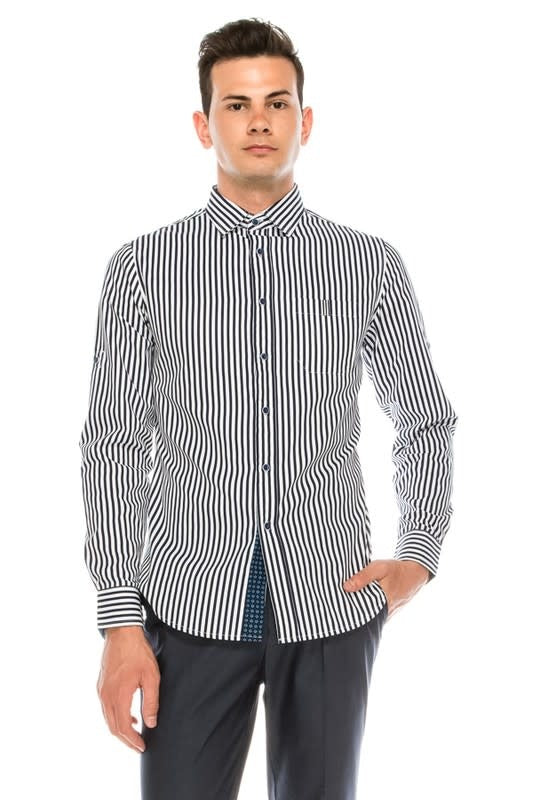 Blue and White Striped Button Up Top