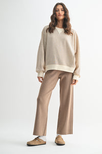 STRIPED CONTRAST KNIT PULLOVER: CAMEL/ECRU