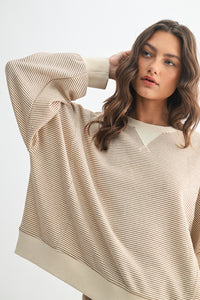 STRIPED CONTRAST KNIT PULLOVER: CAMEL/ECRU