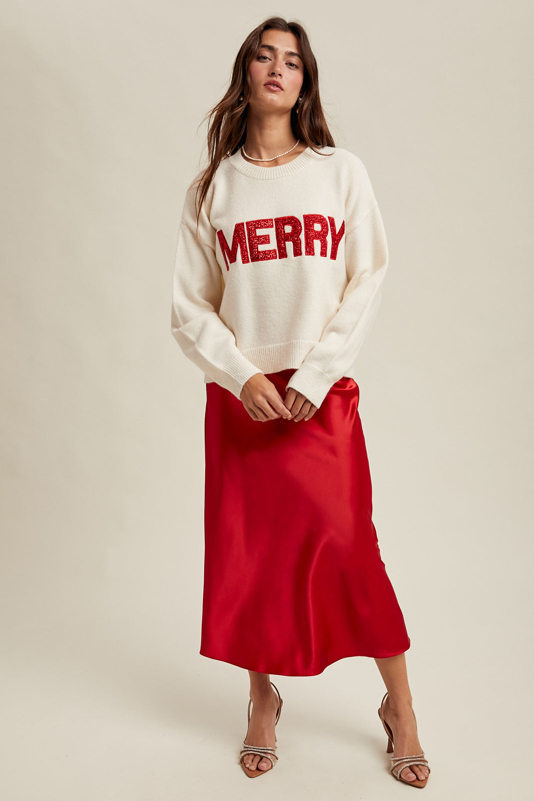 'MERRY' GLITTER SWEATER: WHITE/RED