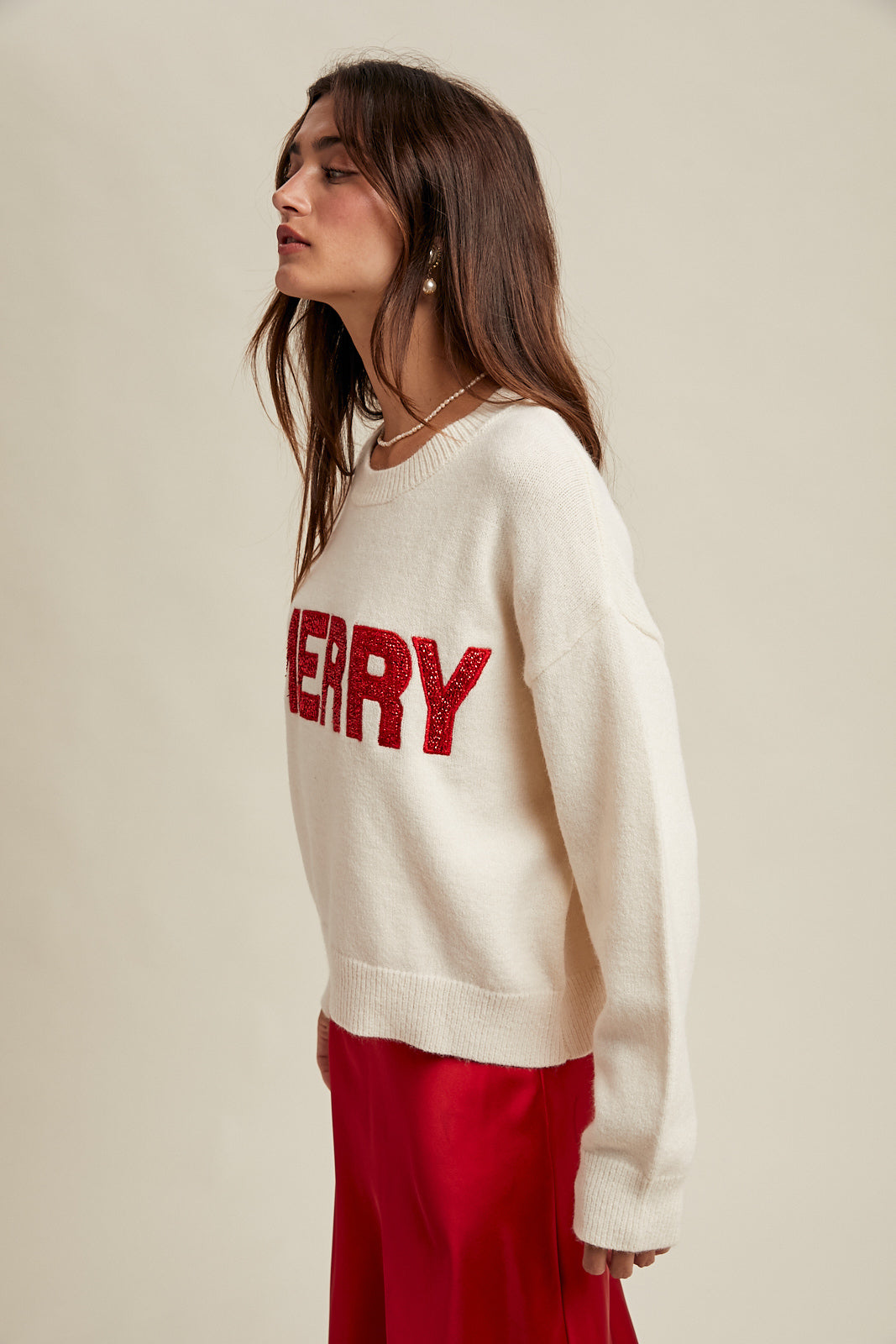 'MERRY' GLITTER SWEATER: WHITE/RED