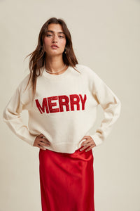 'MERRY' GLITTER SWEATER: WHITE/RED