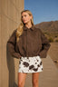 SUEDE EPAULET COLLARED ZIP-UP CROPPED JACKET: DARK BROWN