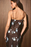 SPAGHETTI STRAP FOLD DETAIL BIAS MIDI DRESS: BROWN-LT BLUE FLORAL