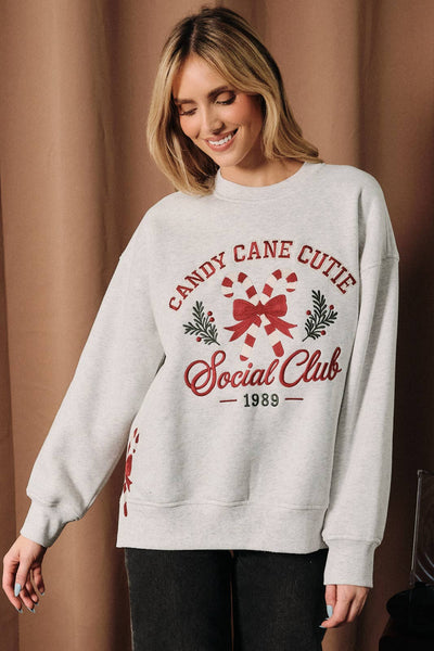 Candy Cane Cutie Embroidered Sweatshirt: MELANGE