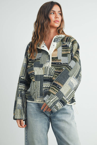 The Moss Patchwork Fleece Half Snap Top: OLIVE MULTI
