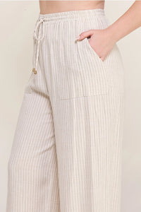 Curvy Size Striped Linen Smock Waist Pants: Natural